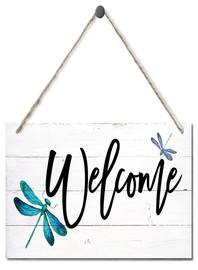 EDCTO Welcome Decor Sign, Hanging Wood Sign Home Decorative, Printed Wood Wall Art Sign, Dragonfly Welcome Sign, Outdoor Indoor Decor Sign, Country Home Decor, Front Door Decor for Farmhouse Porch 12*6inch - Image 1